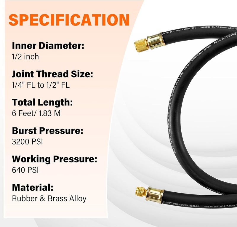 BANG4BUCK خرطوم تفريغ HVAC بقطر 1/2" مُحسّن، موصلات 1/2" إلى 1/4"، خرطوم تبريد عالي التدفق لتفريغ واستعادة HVAC بشكل أسرع، 6 أقدام باللون الأسود - Image 3